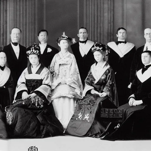 Prompt: A wide full shot, colored black and white Russian and Japanese mix historical fantasy a photograph portrait taken of the royal wedding two choirs, photographic portrait, warm lighting, 1907 photo from the official wedding photographer for the royal wedding.