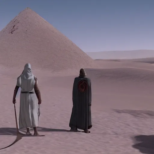 Image similar to a still of from the movie lawrence of arabia crossover with the game myst