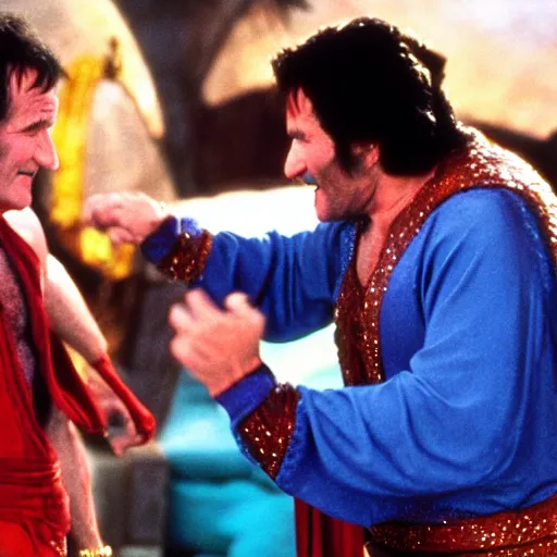 Prompt: a photo of robin williams turning into the genie from disney's aladin mid fight during a fist fight with bruce willis from die hard