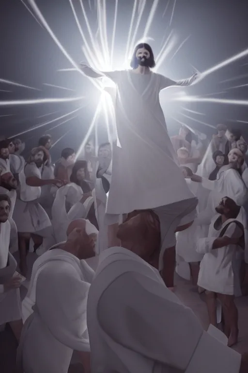 Image similar to jesus christ wearing a white robe strikes a dance pose in a hospital while playing epic game of ping pong, intricate, hyper detailed, accent lighting, dramatic light, 4 k octane render