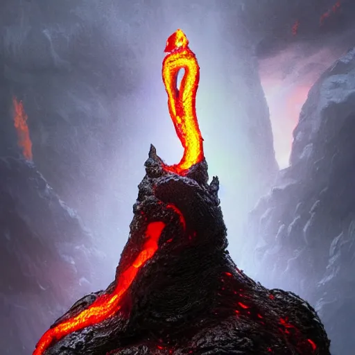 Image similar to big lava monster with a ice cane and it has big lava horns on its head, realistic, 8 k, extremely detailed, cgi, trending on artstation, hyper - realistic render, by greg rutkowski