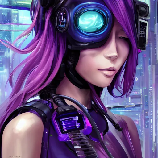 Image similar to A beautiful painting of a cyberpunk anime girl with purple hair and an a huge robot arm sensual stare, augmentations and cybernetic enhancements neon circuits, by Stanley Artgerm Lau, WLOP, Rossdraws, James Jean, Andrei Riabovitchev, Marc Simonetti, and Sakimichan, trending on artstation, hyperrealist, cinema4D, 8k highly detailed ❤️‍🔥 🔥 💀 🤖 🚀