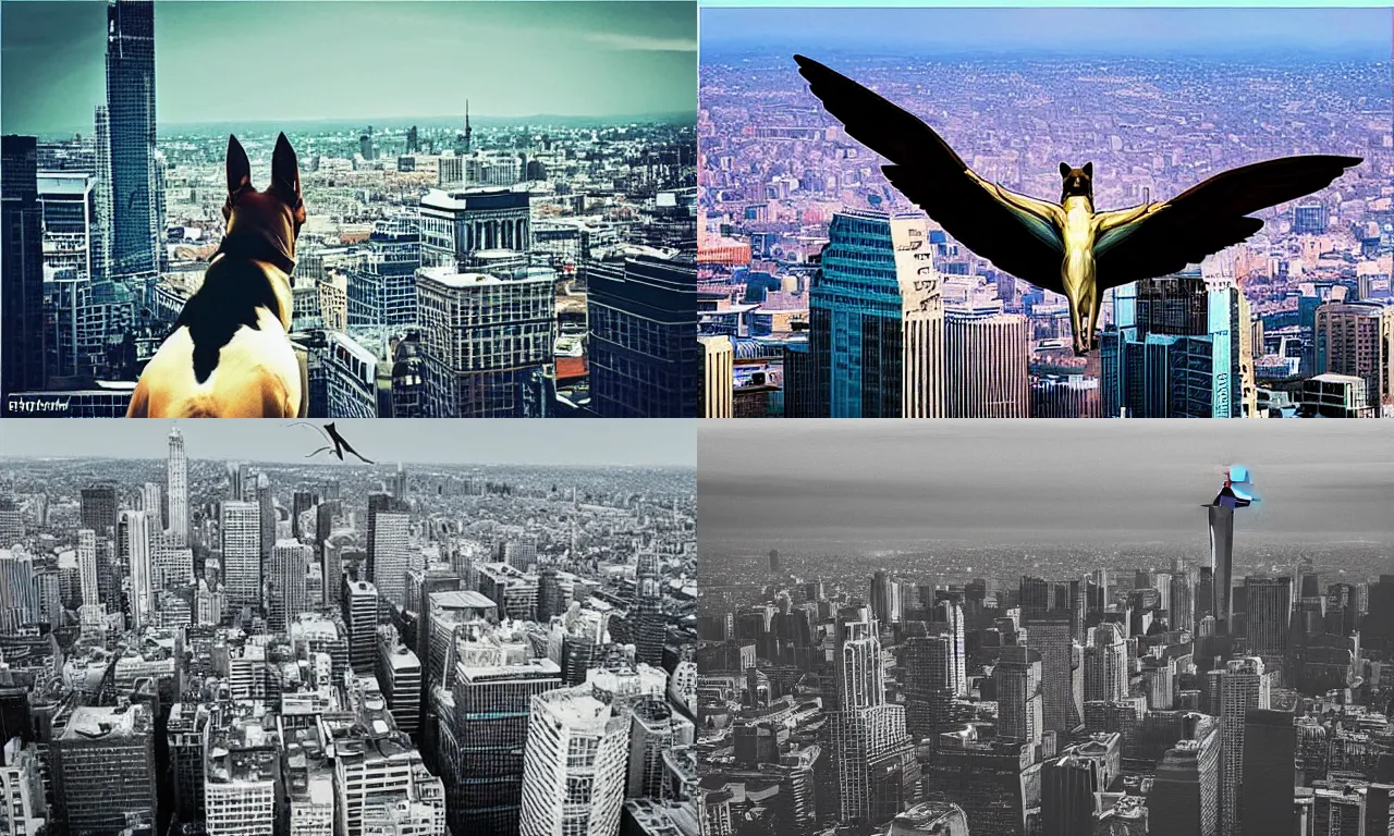 Prompt: “ a greyhound with wings flying above a city skyline, he is a long boi ”