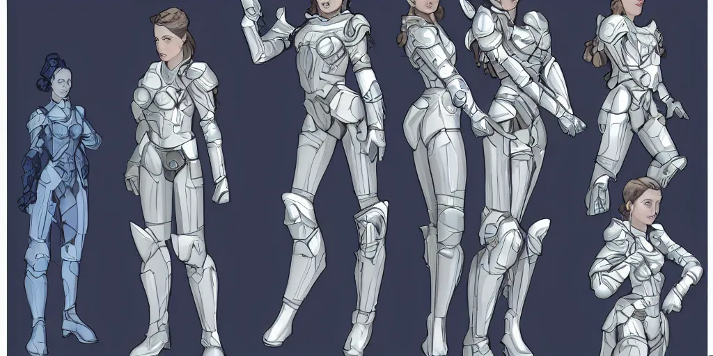 Prompt: character sheet of a beautiful pale woman with ling dark hair, dark eyes, and a dark blue general sci fi armor, highly detailed faces