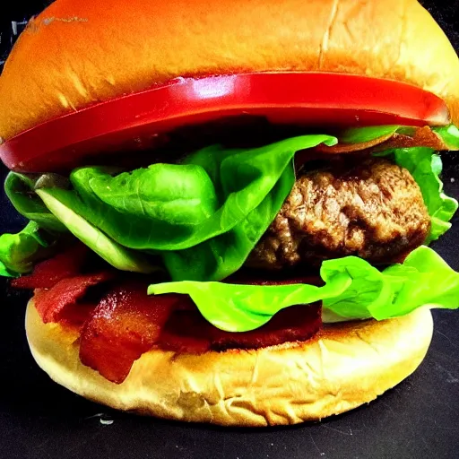 Image similar to most delicious hamburger ever created, very tall with layers of meat tomato lettuce cheese and bacon, professional food photography on black background, trending on instagram