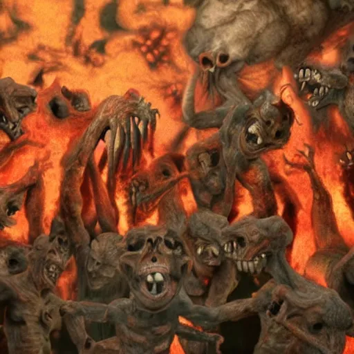 Prompt: real footage of hell demons made of flesh burning souls