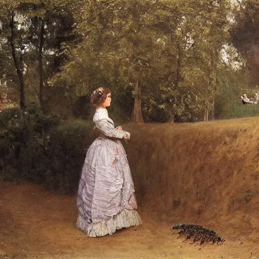 Image similar to young victorian lady in ball gown observing an anthill, painted by alfred stevens