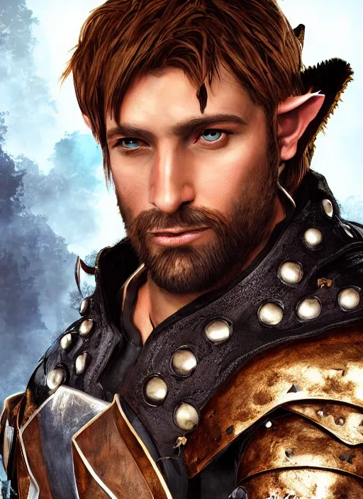 Prompt: A fantasy comic book style portrait painting of an arrogant half elf ranger, shaggy brown hair, scruffy beard, in leather studded armor, unreal 5, DAZ, hyperrealistic, octane render, cosplay, RPG portrait, dynamic lighting