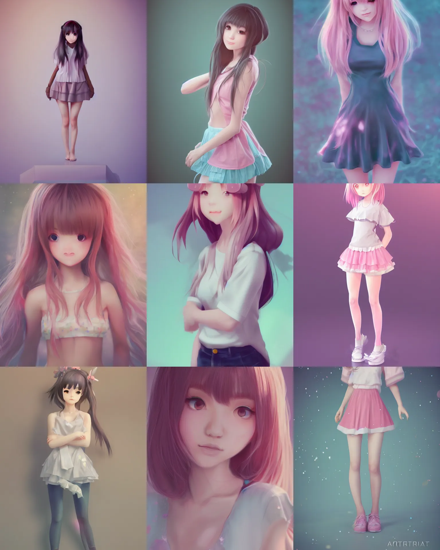 Prompt: full body cinematic portrait shot of a very beautiful kawaii girl in very cute realistic WLOP digital art style, trending on Artstation, made by Tran Ross, , feminine in cute pastel shades, trending on pixiv, Unreal Engine, cool 3d visualisation, 4k, with beautiful volumetric light