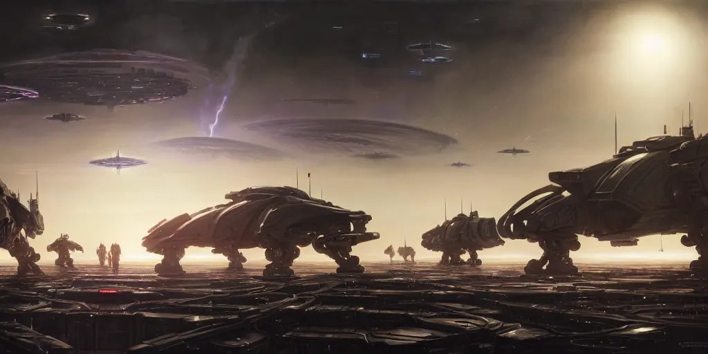 Prompt: hyper realistic sci - fi matte concept art painting of epic cinematic battle between a variety of mechwarriors fighting on mercury with solar panels in background, brightly lit!, beautiful details, strong composition painted by kim jung guweta studio rutkowski, james gurney and greg rutkowski, and lucasfilm, smooth, intricate, detailed, sharp focus, cinematic