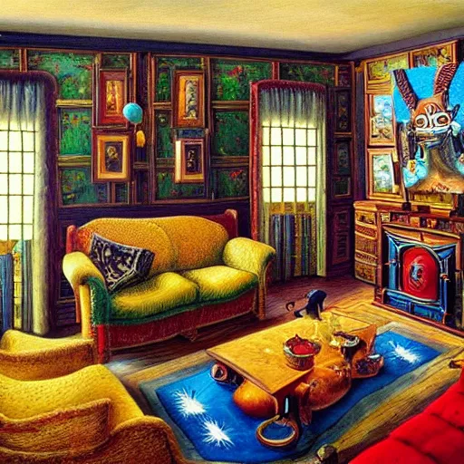 Image similar to a painting of a living room, a surrealist painting by jacek yerka, cgsociety, fantastic realism, surrealist, detailed painting