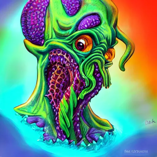 Image similar to Lovecraft monster, bright, colorful, happy, photorealistic,