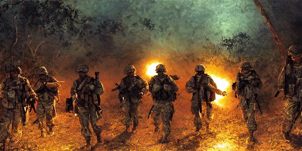 Image similar to a squad of american soldiers in combat in the vietnamese jungle at night illuminated by napalm strike, beautiful, vivid, cinematic, art by craig mullins