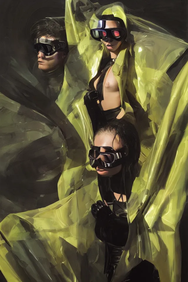 Image similar to digital fashion, androgynous person, tactical poncho latex rags, wearing goggles, techwear, iridiscent light, high key, cinematic lighting at night, neon, phil hale, boris vallejo, alberto mielgo, patrick o'keeffe