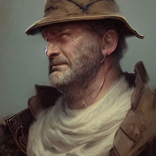 Image similar to Portrait of a middle aged man with mutton chops, medieval, detailed face, fantasy, highly detailed, cinematic lighting, digital art painting by greg rutkowski