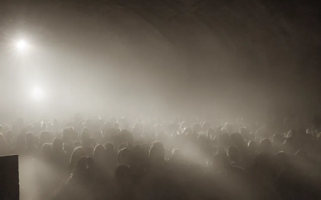 Prompt: sandro botticello. very soft, delicate light. venus but dancefloor in underground club. in the middle is a little platform, people dancing around it. disco lights. fog. moody. sun is already rising. 6 am.