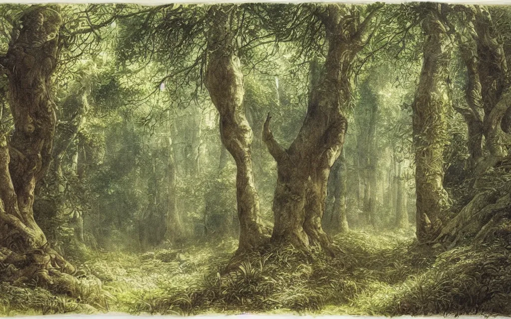 Prompt: a watercolour painting of a forest in summer by john blanche, alan lee, gustave dore, fog, highly detailed, dappled shade, storybook illustration, coloured lithograph engraving