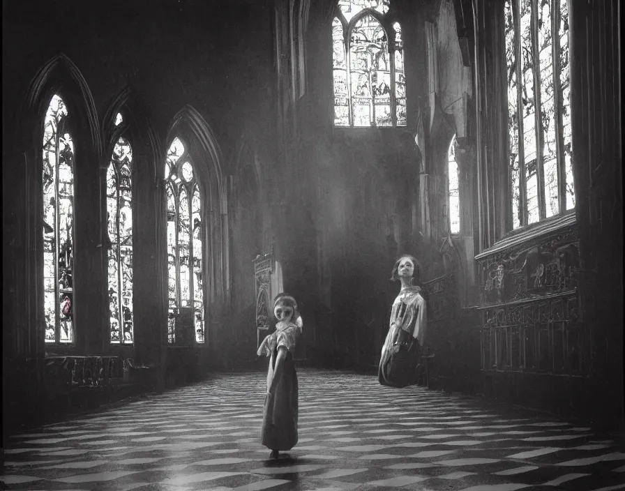 Prompt: a highly detailed unreal engine symmetric portrait of a gothic girl in a richly decorated church with a wet floor and light coming in through the stained windows, boke, tilted frame, henry cartier bresson