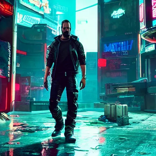 Image similar to photo of a Keanu Reaves in the Cyberpunk 2077 game