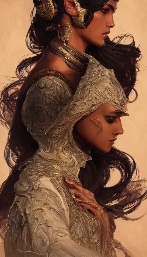 Image similar to dancer, arabian, black skin, veils, , sweaty, intricate fashion clothing, insane, intricate, highly detailed, digital painting, artstation, concept art, smooth, sharp focus, illustration, Unreal Engine 5, 8K, art by artgerm and greg rutkowski and alphonse mucha