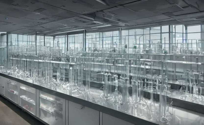 Prompt: a stunning photo of a biosafety level 4 laboratory belonging to a company called Relith Science, with rows of glass containers holding different specimens, volumetric light, mist, ultra-detail, unreal engine 5, photorealistic