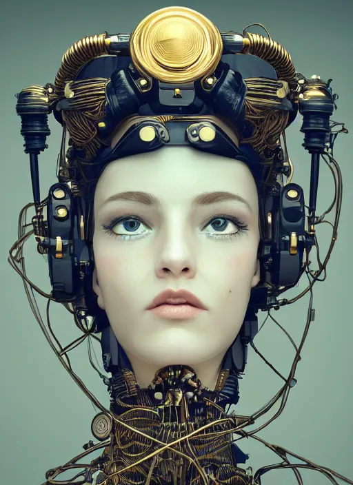 Prompt: symmetrical oil painting of a beautiful cyborg girl with hair made out of cords and wires, wearing steampunk headdress, sci - fi, vr headset, retro futurism, intricate details, filigree, jewellery, gold, black paper, hokusai, wlop, cinematic light, octane render, cinema 4 d, ray tracing, 8 k