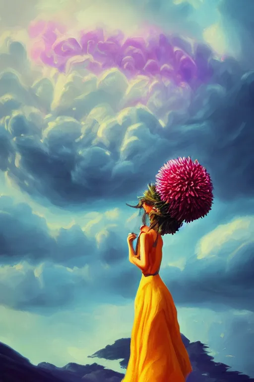 Image similar to closeup giant dahlia flower over head, girl standing on mountain, surreal photography, blue storm clouds, dramatic light, impressionist painting, digital painting, artstation, simon stalenhag