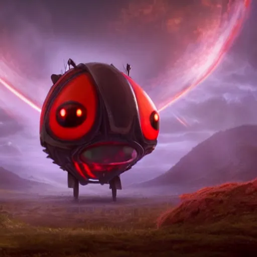 Image similar to film still, ladybug futuristic ( ( descendants ) ), ladybug quadruped with big rgb eyes, huge ladybug mothership, epic cosmos, dramatic lighting, the fellowship of the ring ( film ) blade runner ( film ) genre. imax, 7 0 mm.