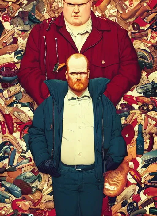 Image similar to poster artwork by Michael Whelan and Tomer Hanuka, Karol Bak of Jim Gaffigan blowing single perfect bubblegum, he's a hitman in peacoat, from scene from Twin Peaks, clean, simple nostalgic, domestic, norman rockwell