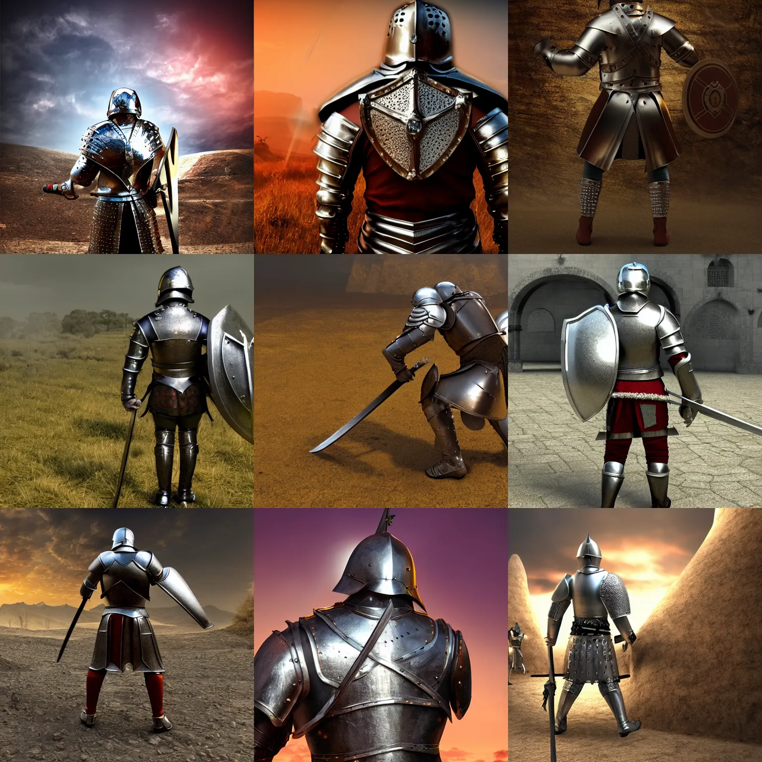 Prompt: medieval warrior with shiny diamond armor, cinematic shot from back, wide shot of a medieval battle, fantasy background, realistic render