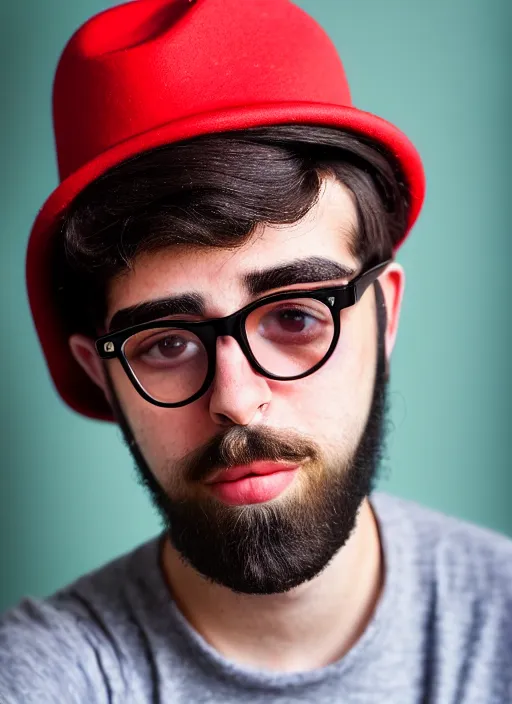 Prompt: kodak portra 4 0 0, 8 k, highly detailed, britt marling style, color studio - portrait of a handsome cute 2 0 year old ducktail bearded middle eastern american male with black wayfarer glasses and red baseball hat, black hair, muted colors, up face with 1 9 2 0's hairstyle and cloth style, asymmetrical, hasselblad