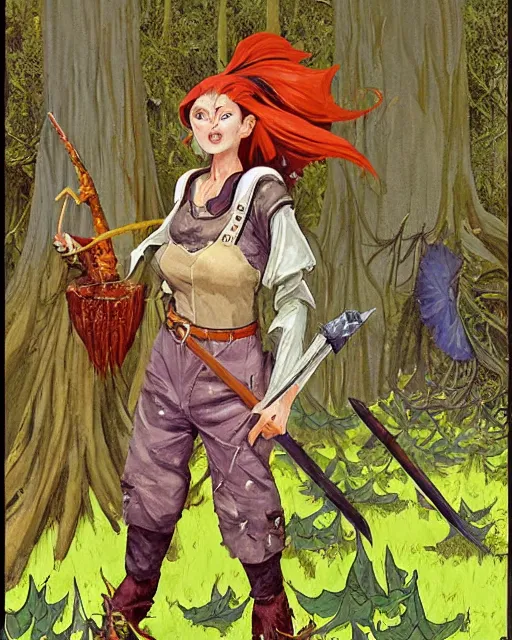 Prompt: moonshine cybin, epic level dnd wood elf spore druidess, wielding a magical sword, wearing magical overalls. covered in various fungi. full character concept art, realistic, high detail digital gouache painting by angus mcbride and michael whelan and jeffrey jones.