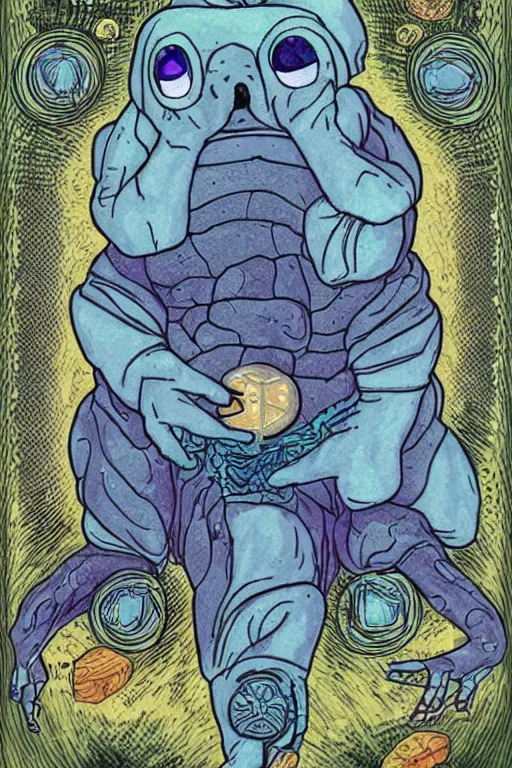 Prompt: tardigrade tarot card, detailed fantasy illustration