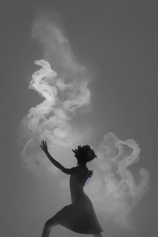 Image similar to a woman made of smoke, dancing, atmospheric, octane render, volumetric light