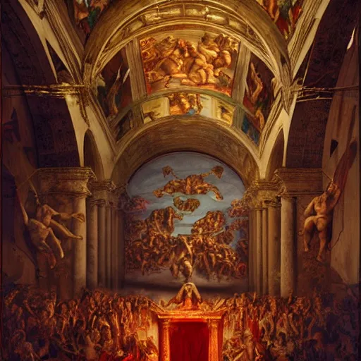 Image similar to the sistine chapel breaks open in half in the ceiling as a red magical portal from hell opens up, lucifer morningstar emerges along with demons, the priests and the pope look at the scene with terror in their eyes. highly detailed painting by gaston bussiere, greg rutkowski, craig mullins 8 k