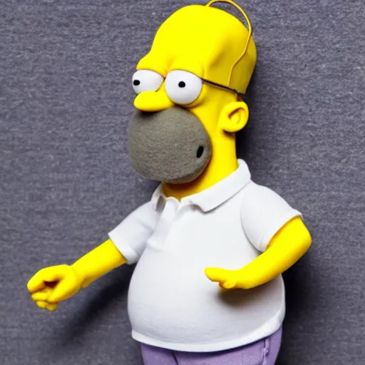 Image similar to homer simpson as a muppet with yellow skin, brown mouth, white polo shirt. highly detailed felt. hyper real photo. 4 k.