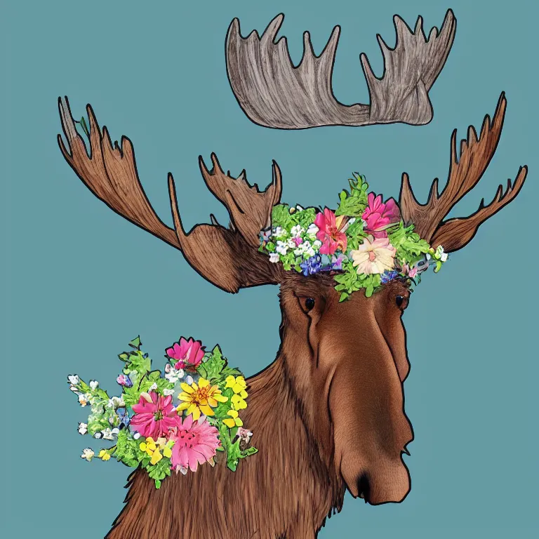 Image similar to A moose wearing a crown of flowers, digital art