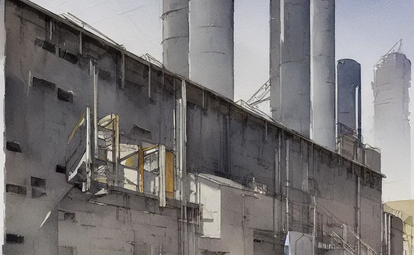 Image similar to concept art of a concrete factory exterior, pinterest, artstation trending, behance, watercolor, by coby whitmore, silver, laser light,