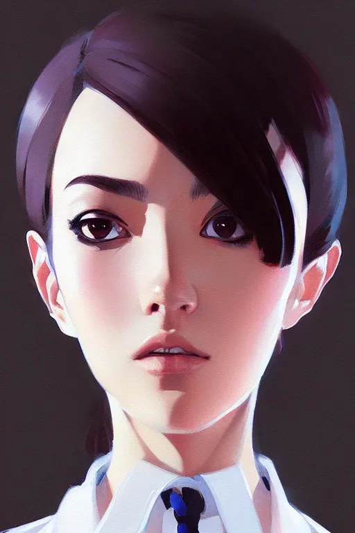 Image similar to a ultradetailed beautiful portrait panting of a stylish woman wearing a shirt with a tie, by ilya kuvshinov, greg rutkowski and makoto shinkai, trending on artstation