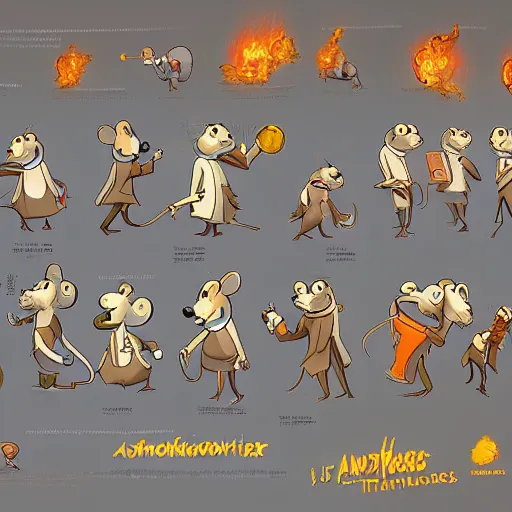 Prompt: anthropomorphic mouse in the lab coat catsing fireball, pixar style, concept art, character turnaround, trending on artstation, childrens illustrated storybook, by jay naylor, alphonse mucha and cory loftis and matthias lechner
