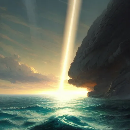 Prompt: An alien spaceship releasing a beam of light into the ocean, by greg rutkowski