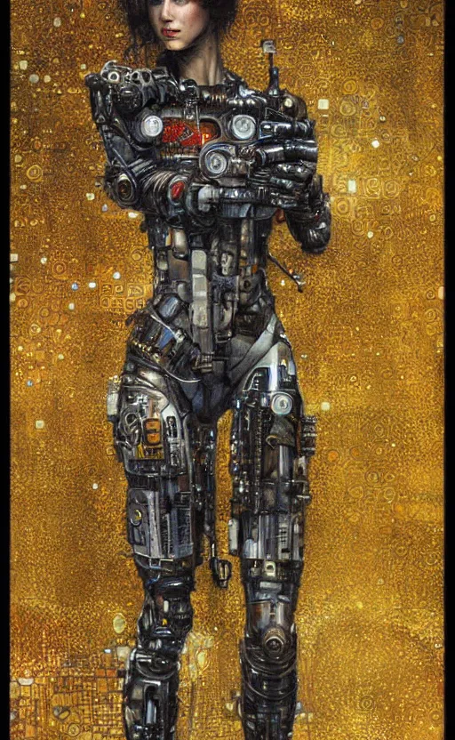 Image similar to cybernetic female supersoldier armed with laser rifle, intricate detail, klimt, royo, whealan,