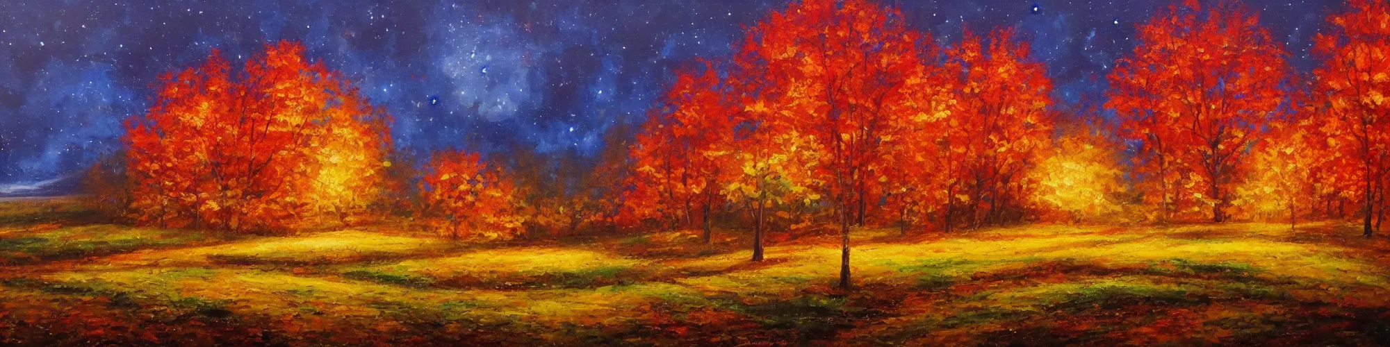 Image similar to painting of autumn landscape during night, award winning painting, beautiful, breathtaking, stunning scenery, trending on artstation, masterpiece