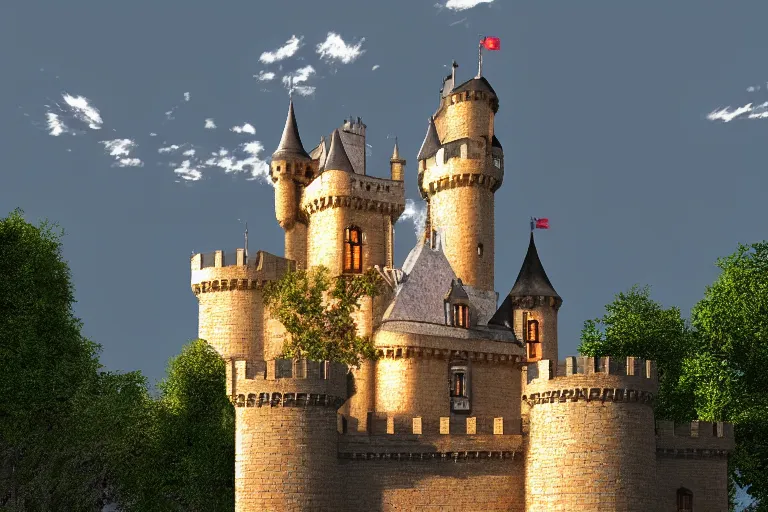 Image similar to castle, chrome, reflect, ultra realistic!!!, clear weather, golden hour, sharp focus