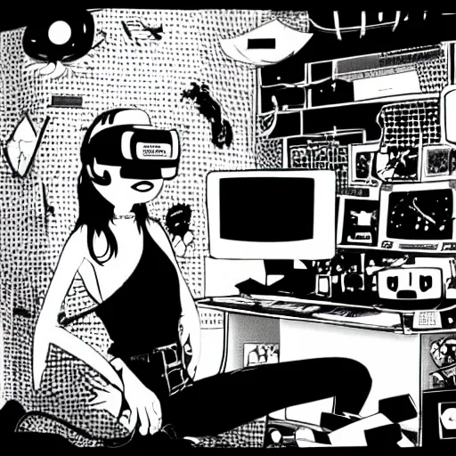 Prompt: goth computer nerd in a cluttered room wearing a vr headset, by jamie hewlett, anime,