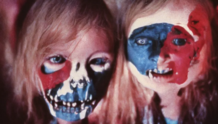 Image similar to 7 0 s film still from a horror movie about kids with skulls for heads, kodachrome, cinecolor, cinestill, film grain, film texture, retro, cinematic, high resolution, photorealism,