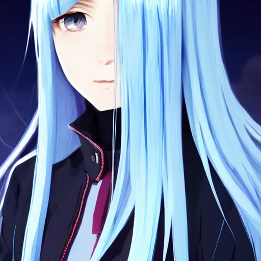 Image similar to full shot of rimuru tempest, sky blue straight hair, long bangs, with amber eyes, wearing a fancy black jacket, high collar, ultra detailed, brush strokes, digital painting, cinematic, wlop artstation, closeup, pixiv, intense, intimidating glare, photorealistic, overpowering, makoto shinkai, rossdraws, andy warhol,