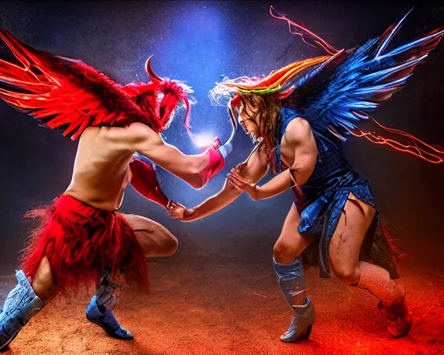 Prompt: red - male - horned - devil and blue - female - angel fighting each other in mirrored pose, dramatic lighting, 8 k, high quality, hyper realistic, 3 5 mm photography, epic action fantasy masterpiece, colorful highlights