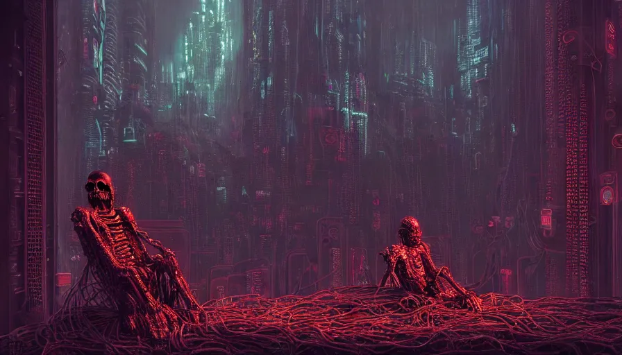 Image similar to highly detailed dark rotting god sitting on a throne of bodies, wires night, death, fear, horror, cyberpunk, cyberpunk futuristic neon, religion, in style of minecraft, by barlowe, by wayne, hyperrealism, detailed and intricate environment