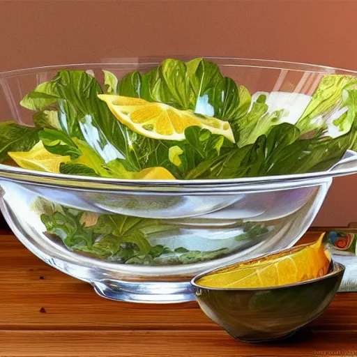 Image similar to close up of large clear salad bowl on kitchen bench. Its full of water with many slices of lemon floating in it. 4K award winning photorealistic concept art. smooth, sharp focus, illustration, art by artgerm and moebius and alphonse mucha 3/4 view.